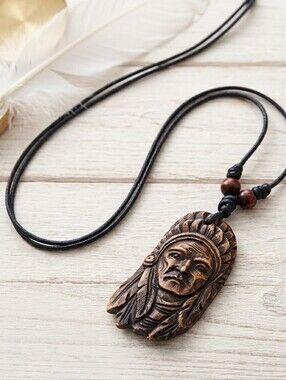 Retro Style Native American Head Portrait‎ Men's Necklace Faux Fashion Jewelry